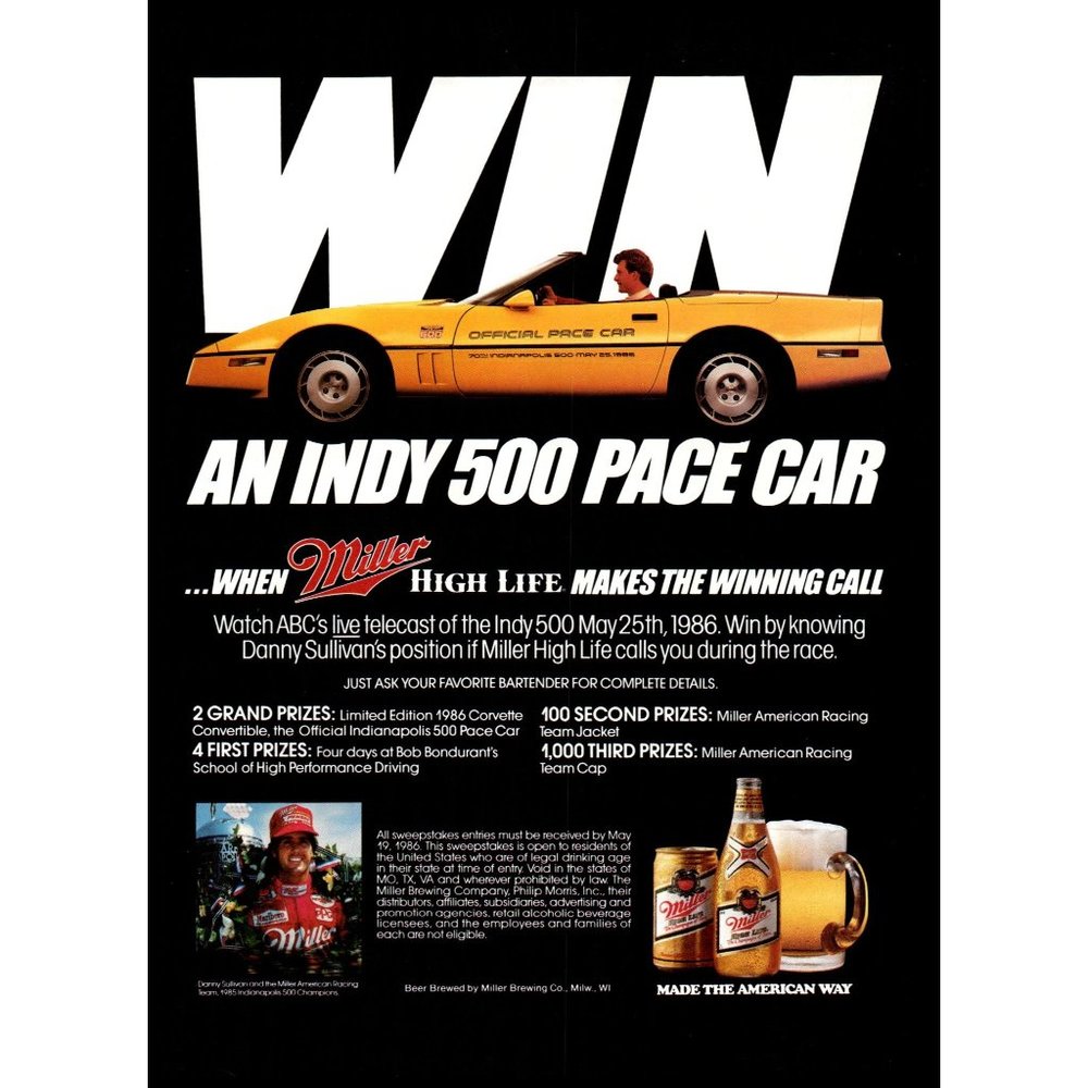 1986 Miller High Life Beer Corvette Indy 500 Pace Car Vintage Print Ad Wall Art